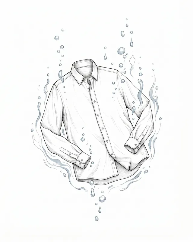 A dress shirt suspended in swirling water and droplets — non-toxic water cleaning, hand-drawn illustration